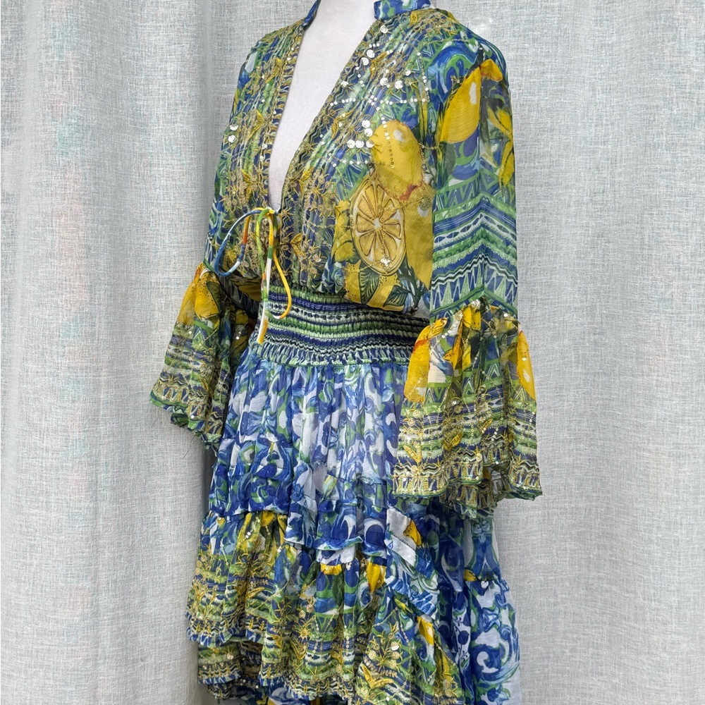 ANTICA SARTORIA by Giacomo Cinque LEMONS blue Mediterranean sequin sheer Dress - Picture 6 of 14